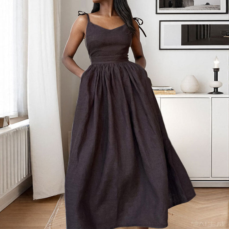 Women's Midi Dress – V-Neck – High Waist – Open Back – Adjustable Straps – Slit
