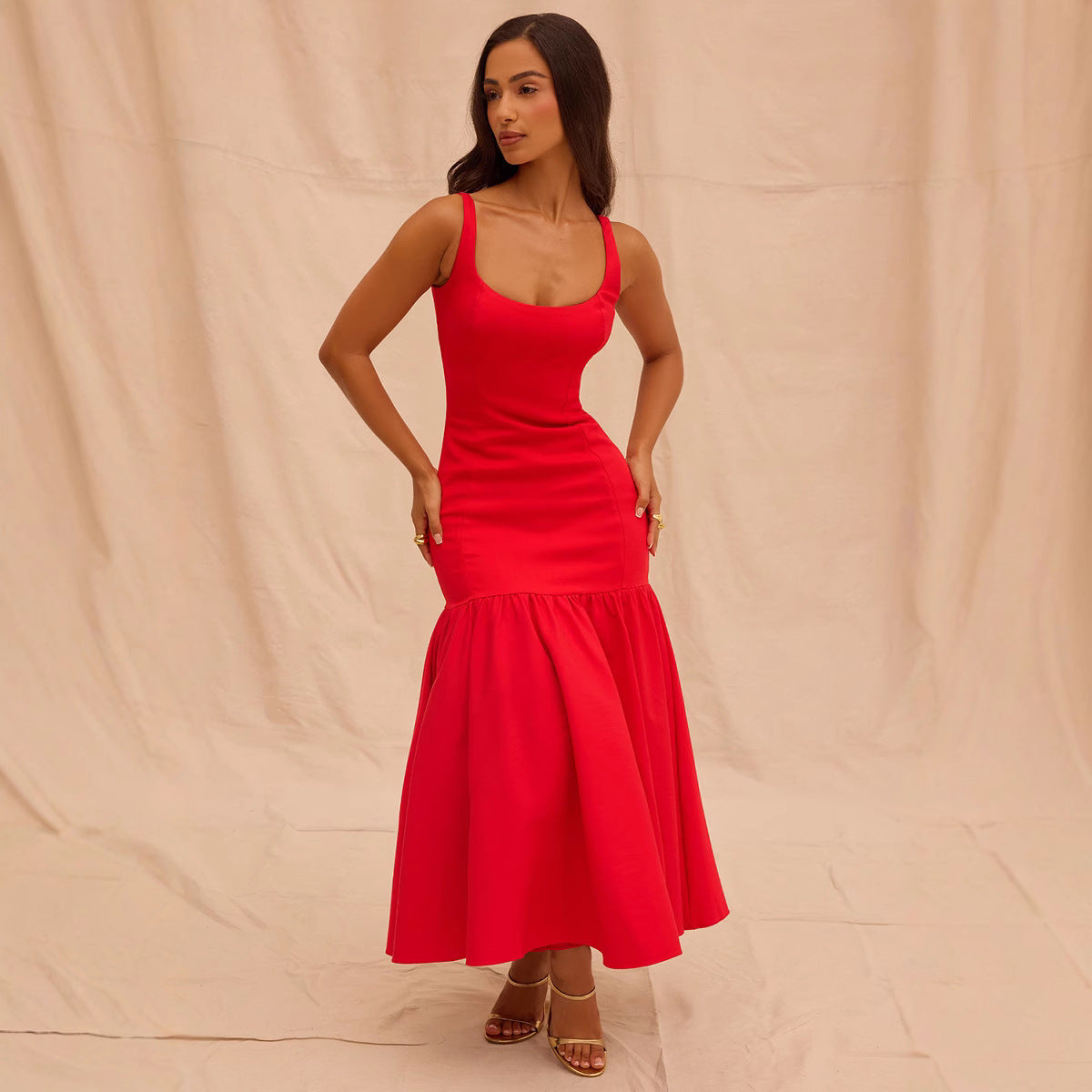 Women's Evening Dress – Satin – Fitted Fit – Sleeveless Round Neck – Mid-Length