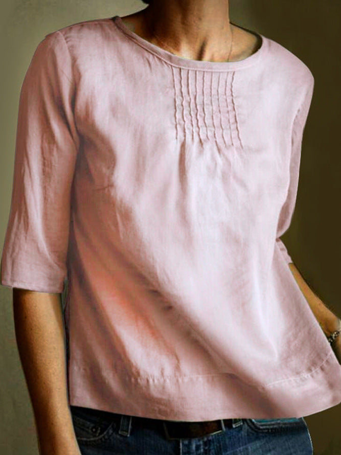 Women's Blouse – Cotton Linen Mix – Loose Fit – 3/4 Sleeves – Pleated Front