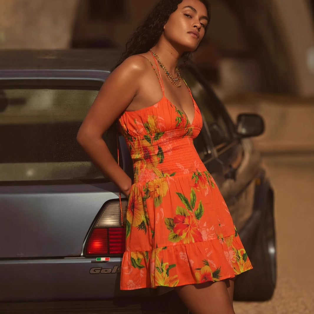 Women's Summer Dress – Light Cotton – Smocked Bodice – A-line – Ruffle Edge – Spaghetti Straps