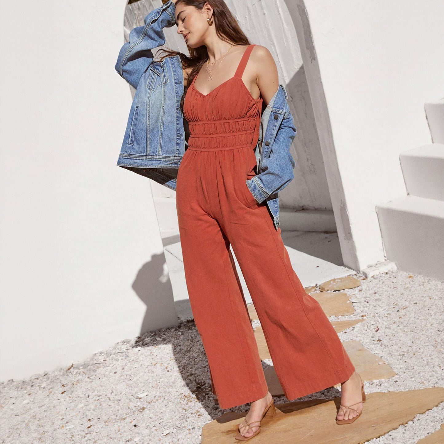 Women's Jumpsuit – Wide Legs – Sleeveless – Elastic Waist – Lightweight Cotton Linen