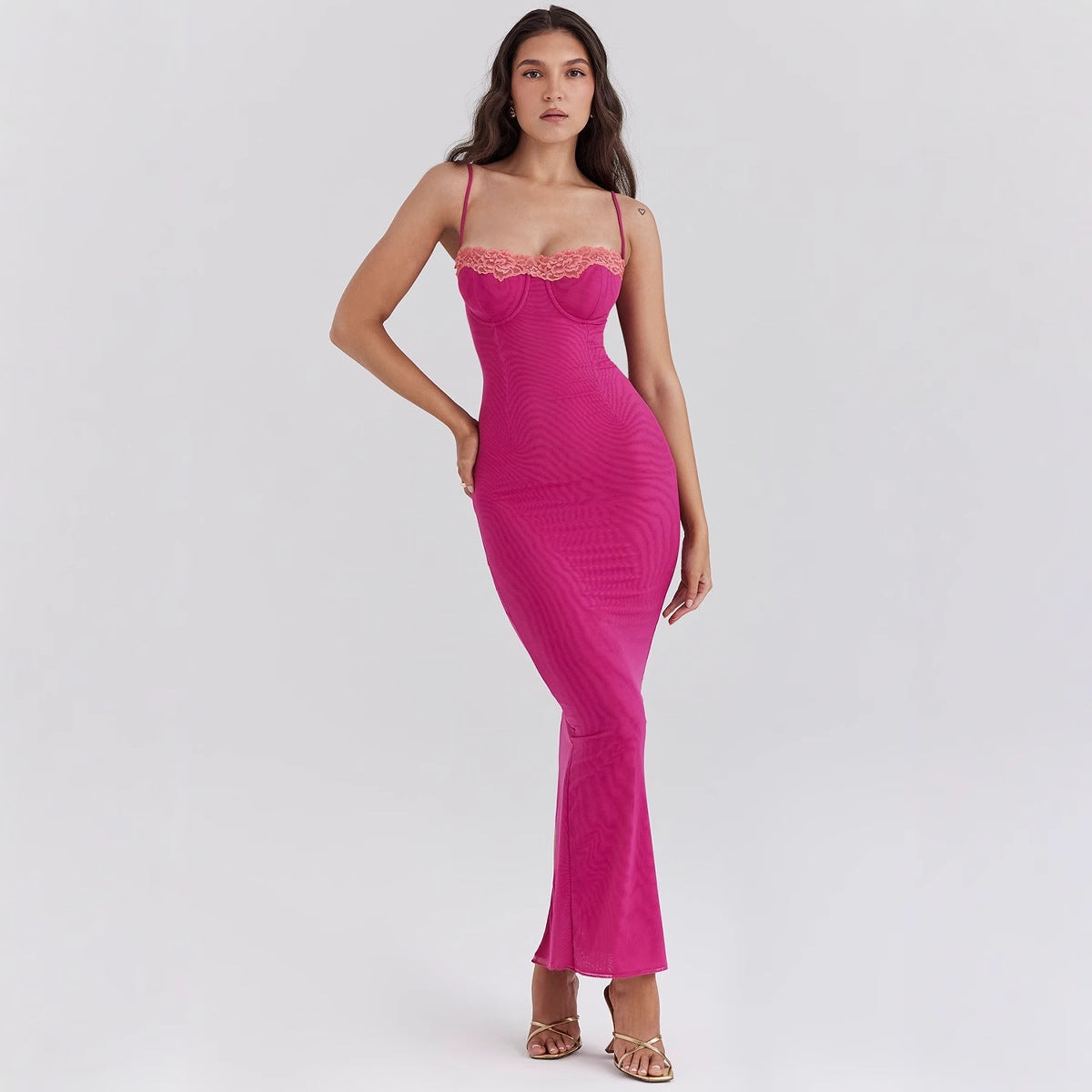 Women's Maxi Dress – Slim Fit – Lace Trim – Spaghetti Straps – Sheer Panel