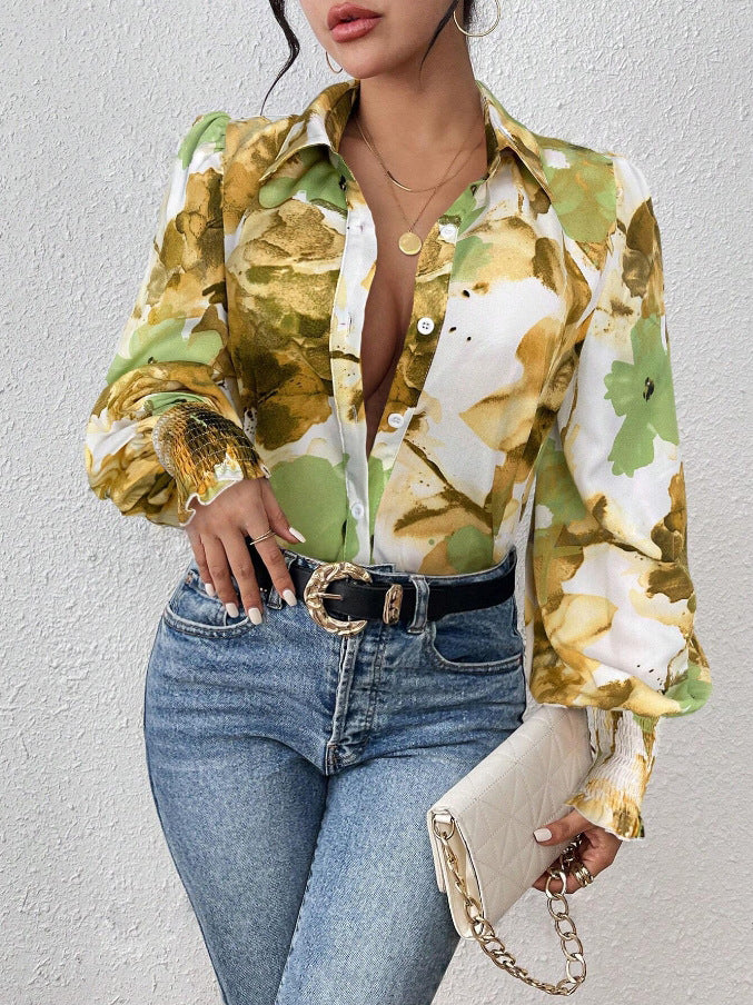 Women's Blouse – Button-Down Model – Long Puff Sleeves – Full Floral Print – Collar Neckline