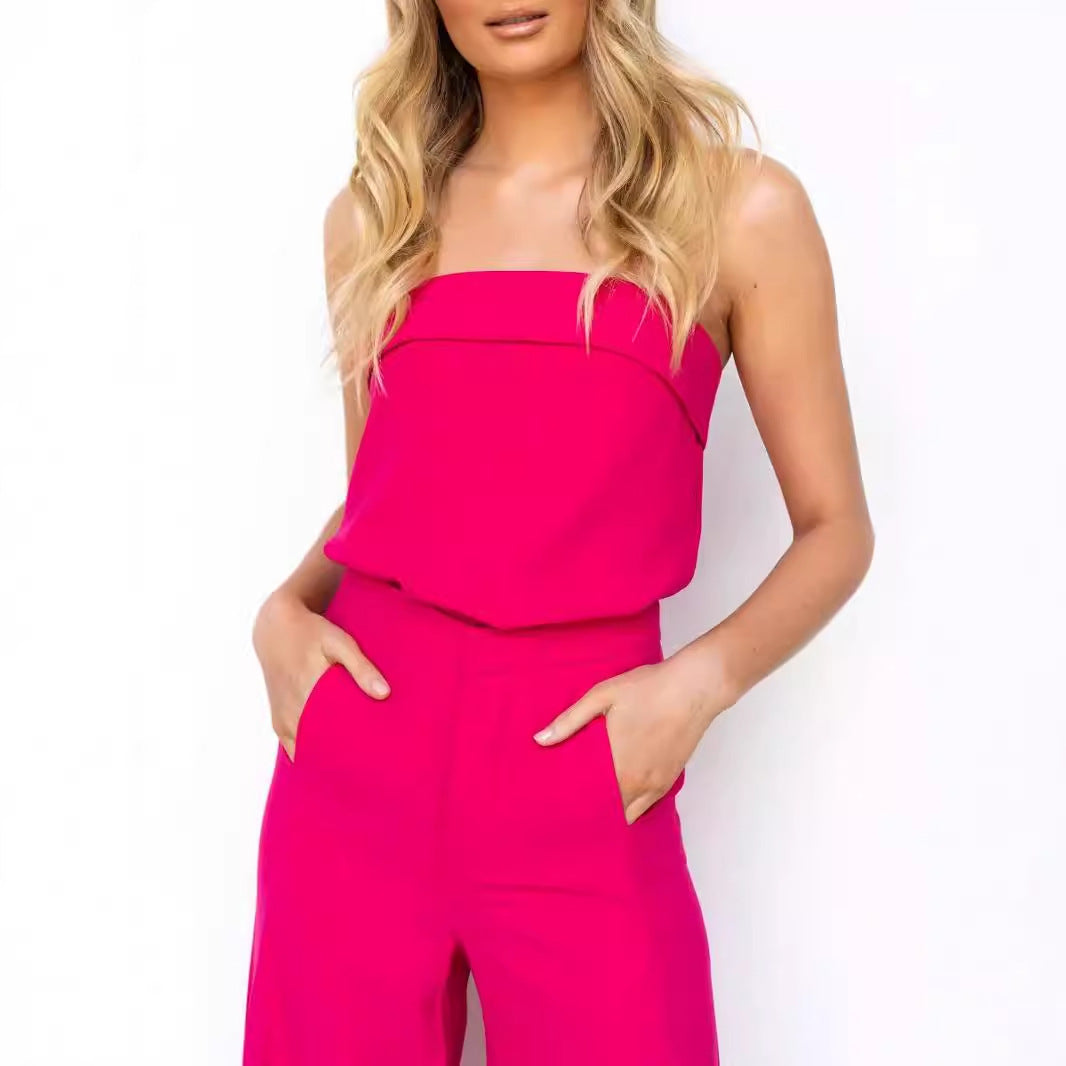 Women's Set – Strapless Top and High-Waisted Flared Pants – Light and Elegant Fit