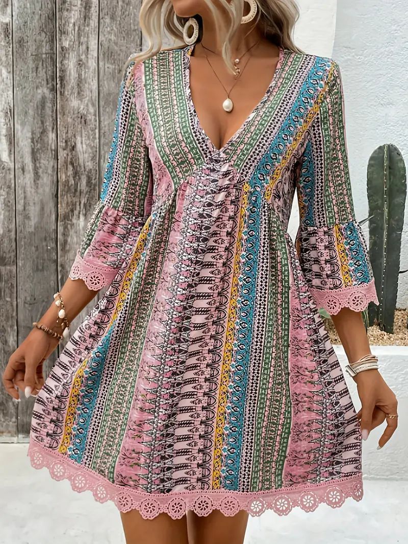 Women's Dress – A-Line Fit – Boho Pattern – V-Neck – 3/4 Sleeves – Lace – Breathable