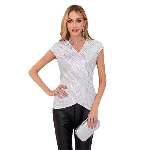 Women's Top – Slim Fit – V-neck – Sequin Details – Asymmetric Waist Draping