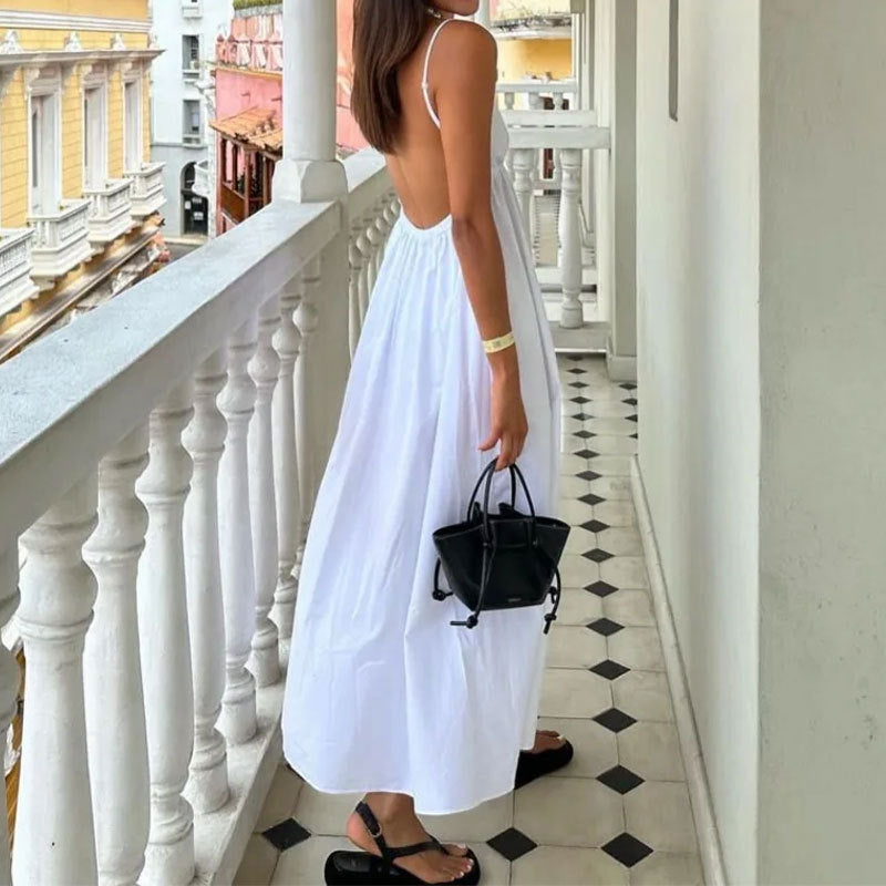 Women's Maxi Dress – Lightweight Cotton – V-Neck – Spaghetti Straps – Open Back