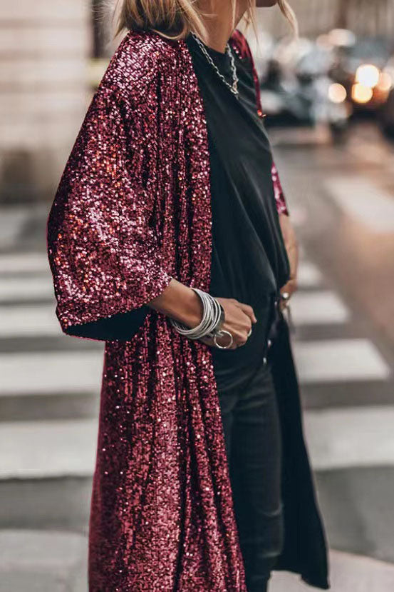 Isla Sequin Embellished Relaxed Fit Cardigan | Open Front Three-Quarter Sleeve Cardigan