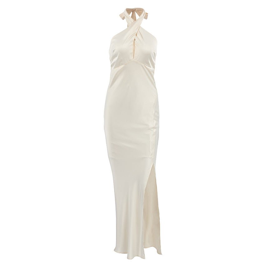 Women's Evening Dress – Satin – Slim Fit Mermaid Cut – Halterneck with Keyhole