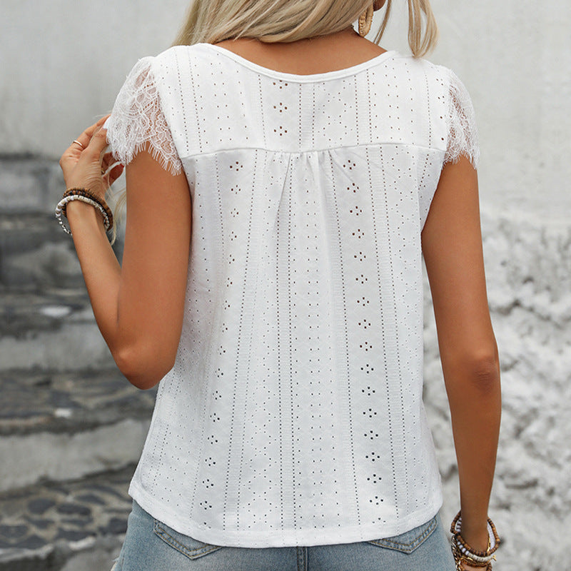 Women's V-neck Top – Eyelet Fabric – Lace – Relaxed Fit – Short Sleeves