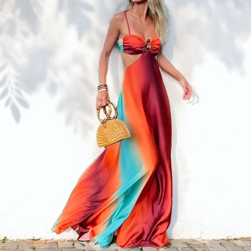 Women's Maxi Dress – Lightweight Fabric – Flowy Fit – Spaghetti Straps – Gradient Design