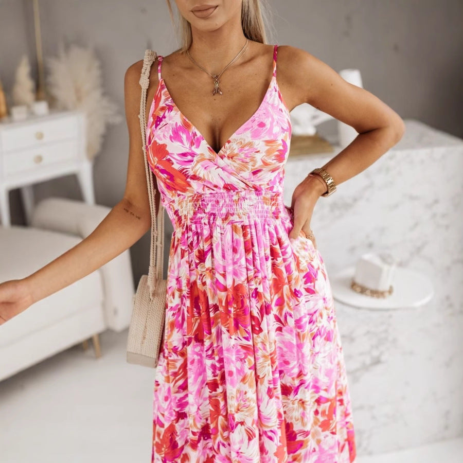 Women's Maxi Dress – Light and Breathable – V-Neck Wrap – Adjustable Straps – Floral Print