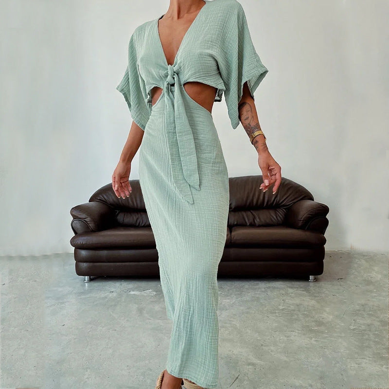 Women's Maxi Dress – Slim Fit – V-Neck – Waist Cutout – Open Back – Short Sleeves
