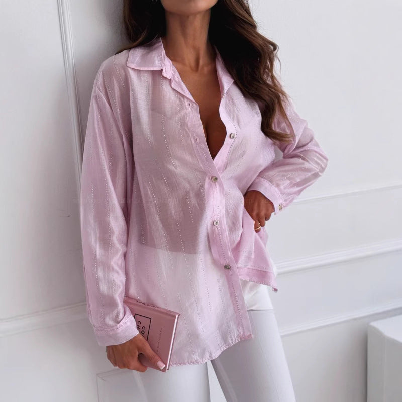 Women's Shirt with Long Sleeves – Oversize Fit – Rhinestones – Light and Breathable