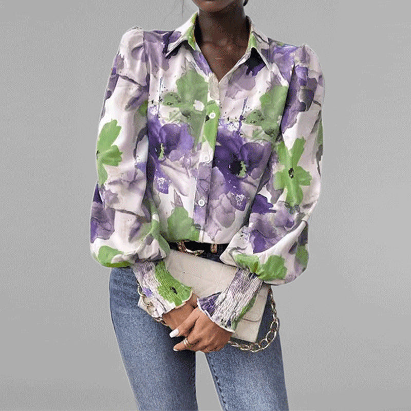 Women's Shirt – Oversized Fit – Ruffle Sleeves – Floral Print – Smocked Cuffs