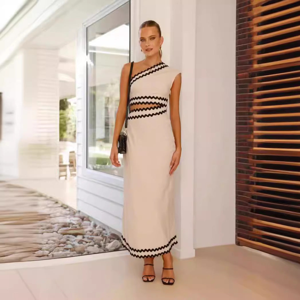 Dress for Women – Maxi Dress – Slim Fit – One Shoulder – Asymmetric Hem – Zigzag Details