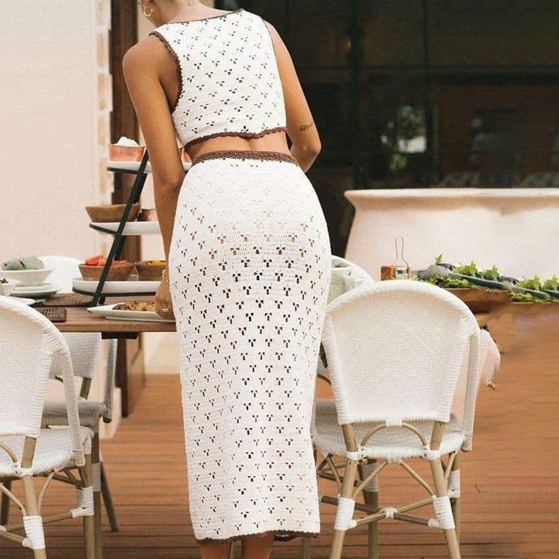 Women's Set with Knitted Midi Skirt and Crop Top – Slim Fit – Lace Details