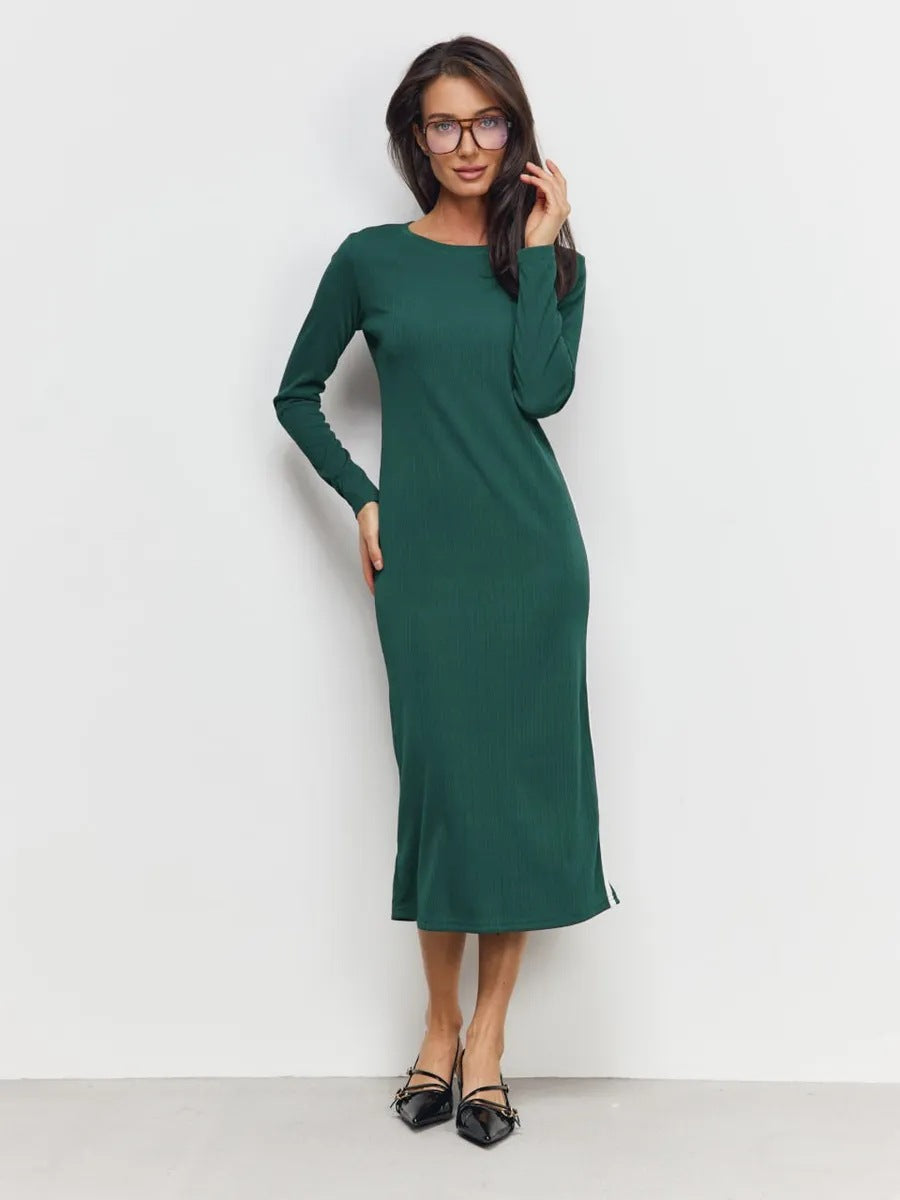 Women's Maxi Dress – Slim Fit – Ribbed Knit – Long Sleeves – Side Slit