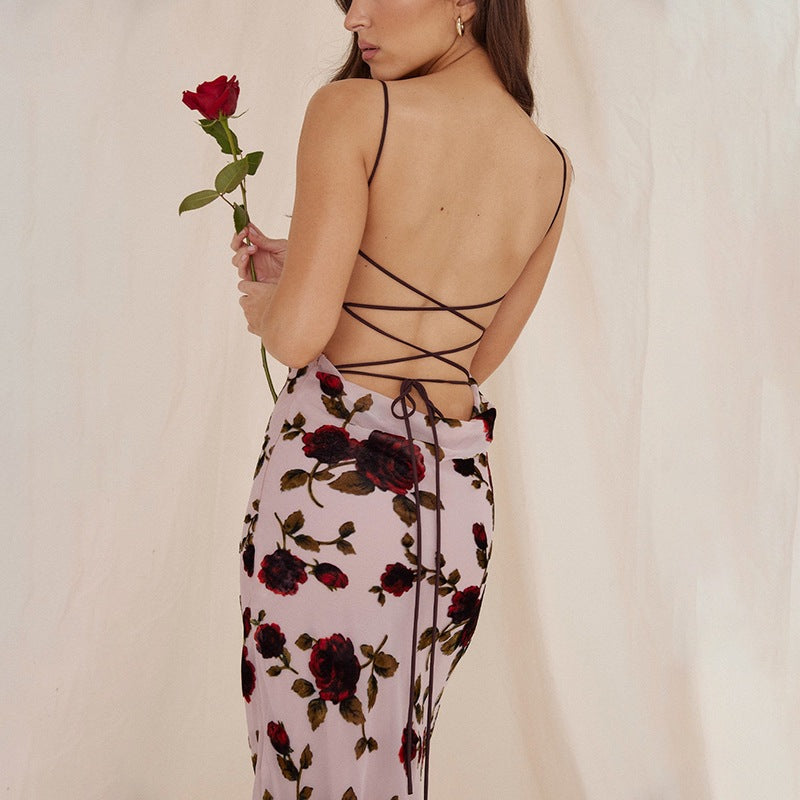 Women's Slip Dress – Satin Finish – Slim Fit – Open Back – Spaghetti Straps – Floral Print