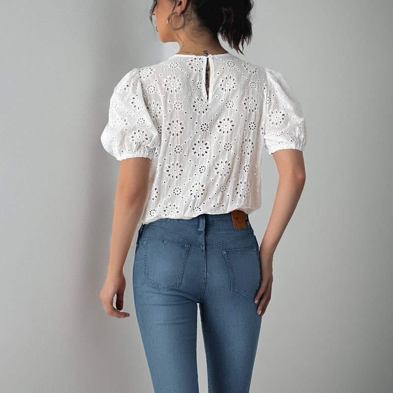 Women's Blouse – Relaxed Fit – Lace Cutouts – Puff Sleeves – Front Tie