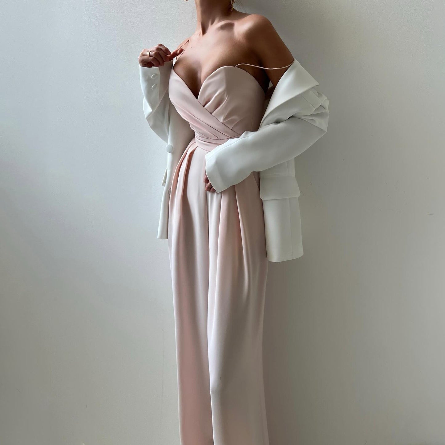 Women's Jumpsuit – Elegant Fit – Heart Neckline – Ruched Bodice – Wide Legs
