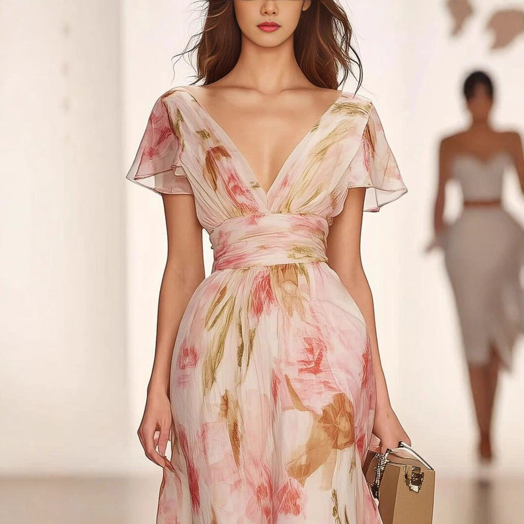 Women's Maxi Dress – Fit and Flare – Chiffon – Deep V-Neck – Floral Print – Elegant Sleeves