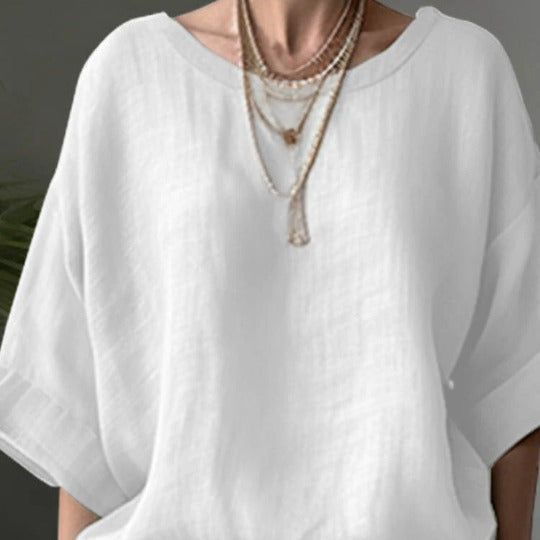 Women's Blouse – Oversized Fit – Cotton Linen – Round Neck – Elbow-Length Sleeves