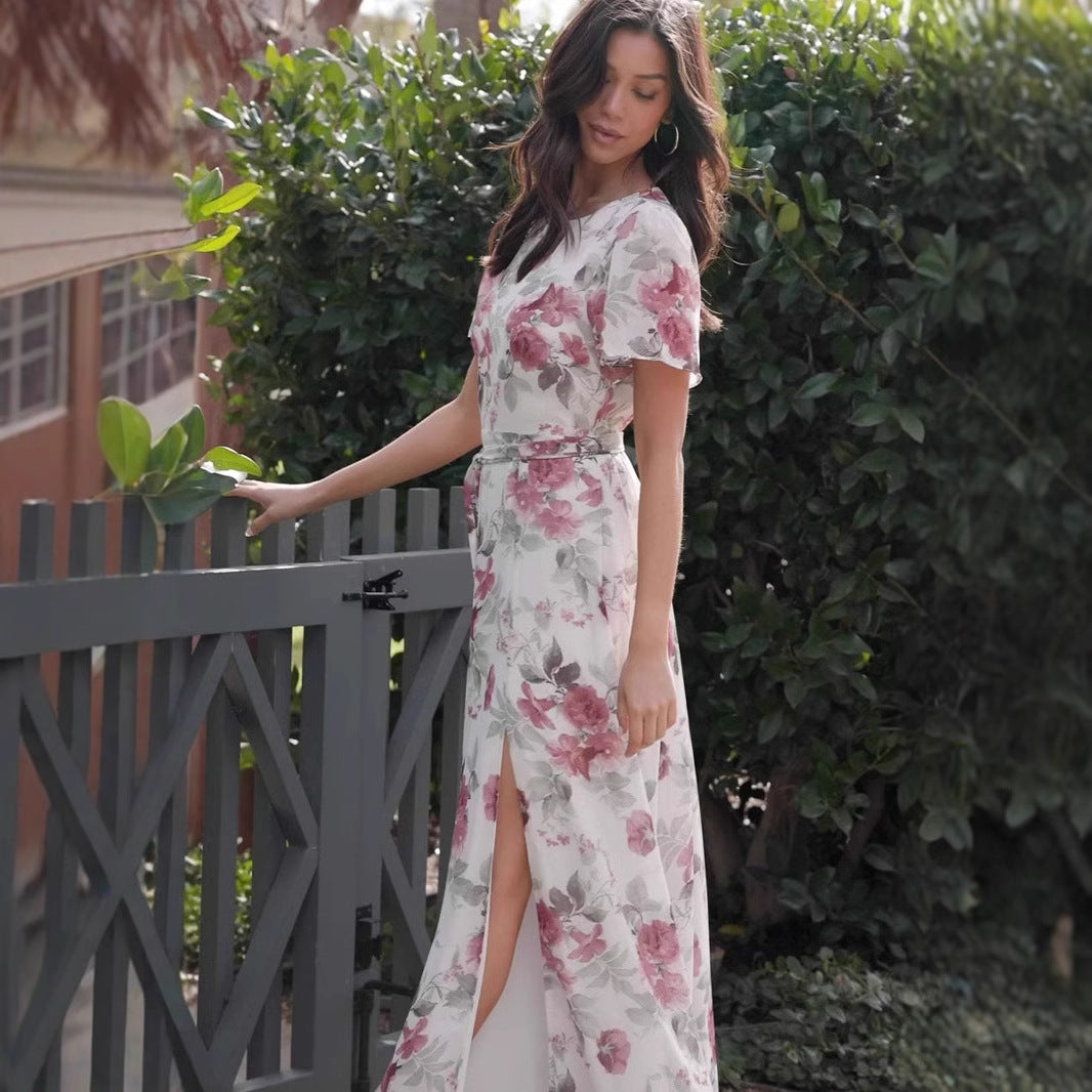 Women's Maxi Dress – Slim Fit – Short Sleeve – Round Neck – Floral Print – Front Slit