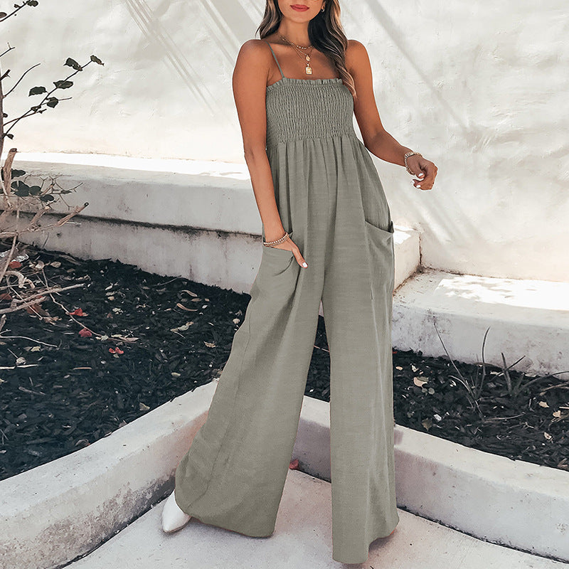 Women's Jumpsuit – Relaxed Fit – Ruched Bodice – Spaghetti Straps – Wide Legs