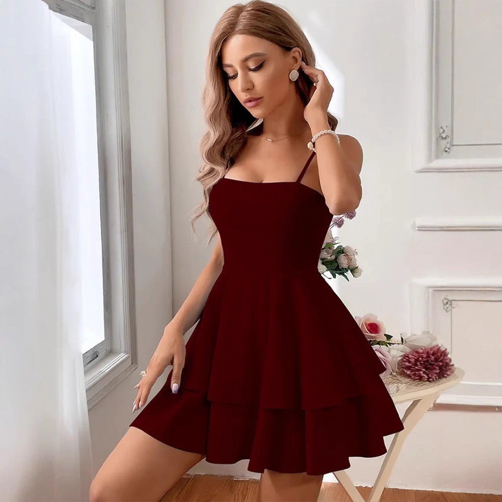 Women's Mini Dress – Sleeveless A-Line – Spaghetti Straps – Open Back – Layered Skirt
