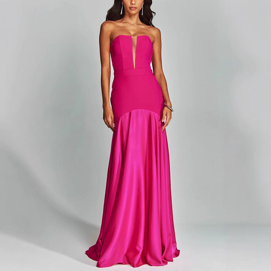 Dress for Women – Strapless – Slim Fit – Satin – Deep Neckline – Floor Length