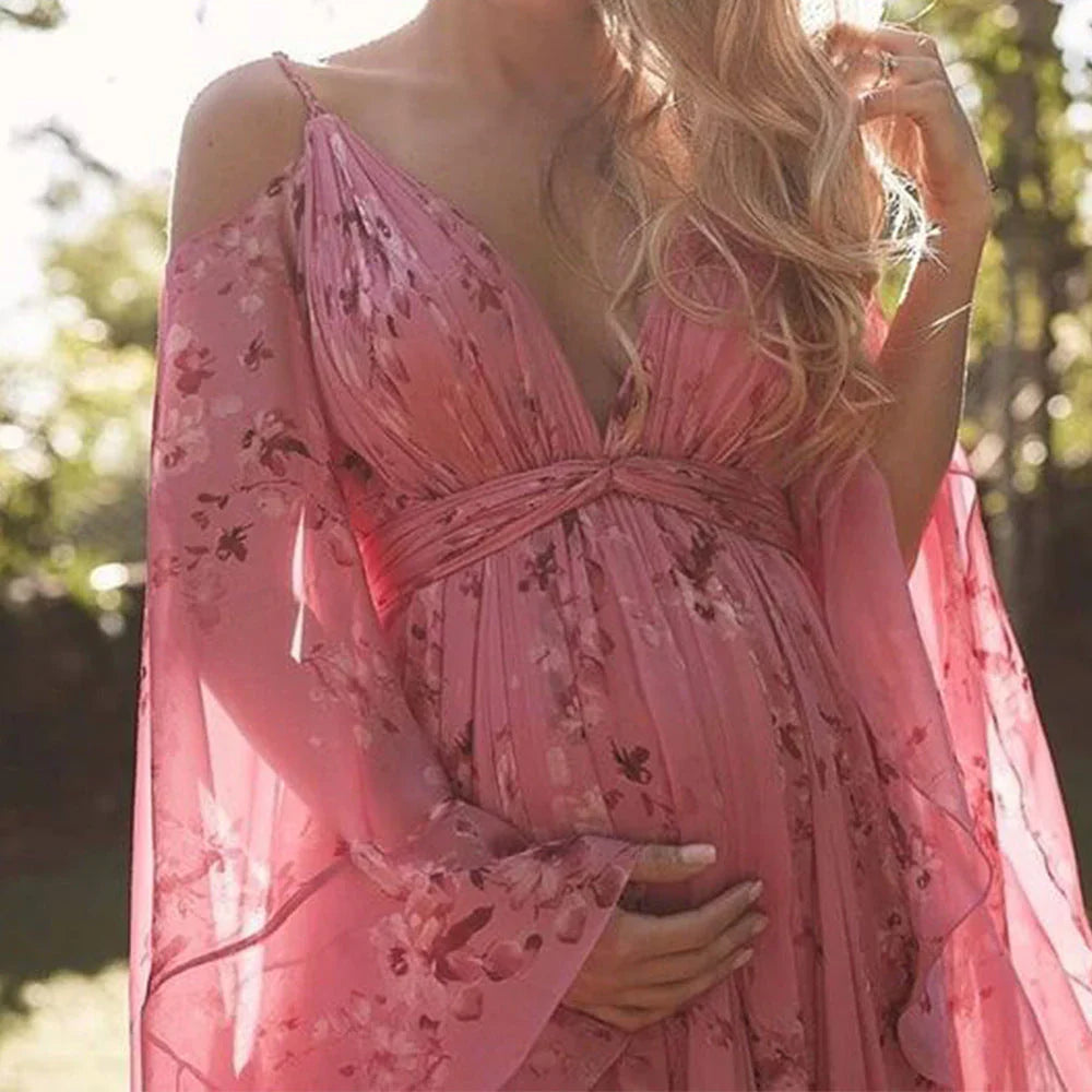 Women's Maxi Dress - V-Neck - Cold Shoulder - Light and Flowing Fit - Floral Pattern