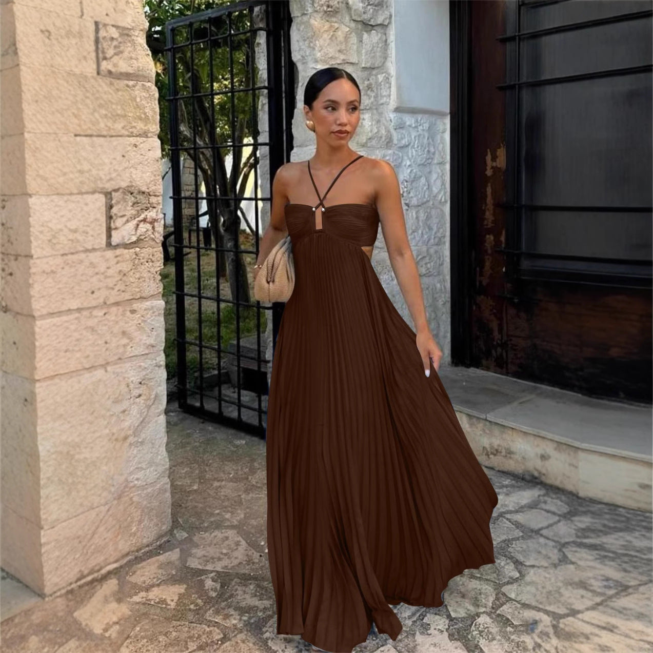 Women's Maxi Dress – Strapless – Cross Details – Pleated A-Line – Side Cutouts