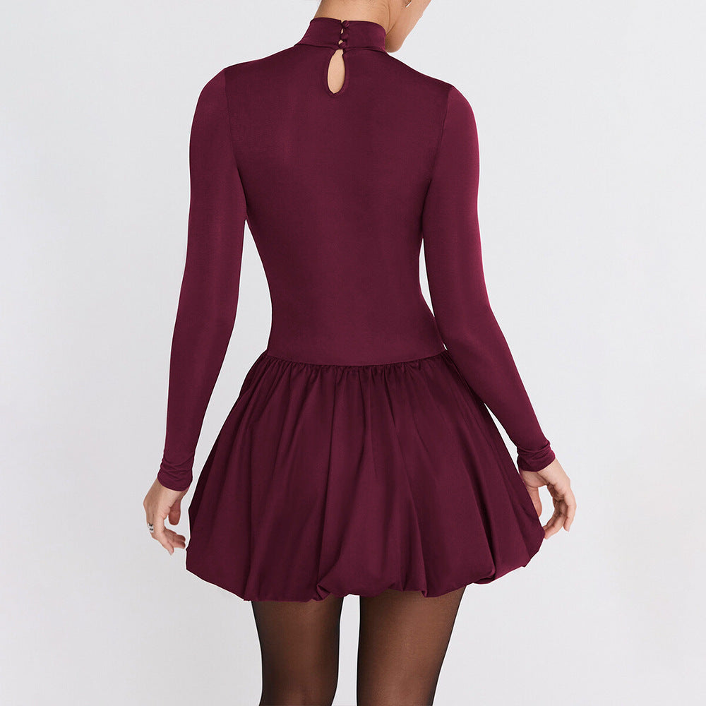 Women's A-line Mini Dress – Slim Fit – High Neck – Long Sleeves – Balloon Skirt