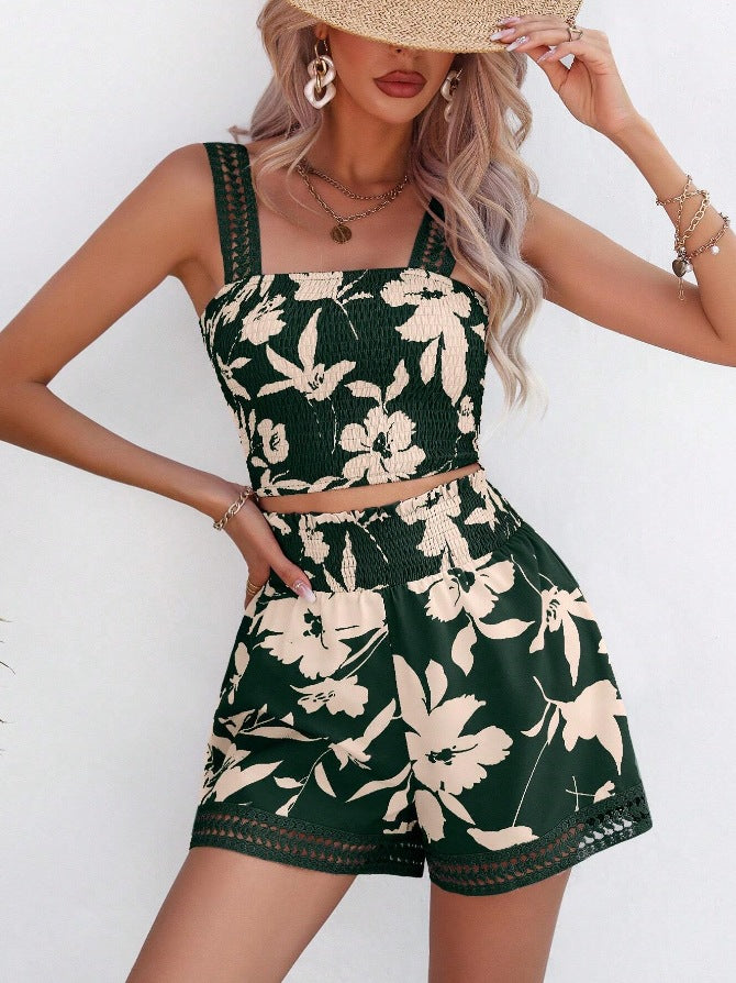 Women's Set with Top and Shorts – Smock Top – Floral Pattern – Light Cotton – Lace