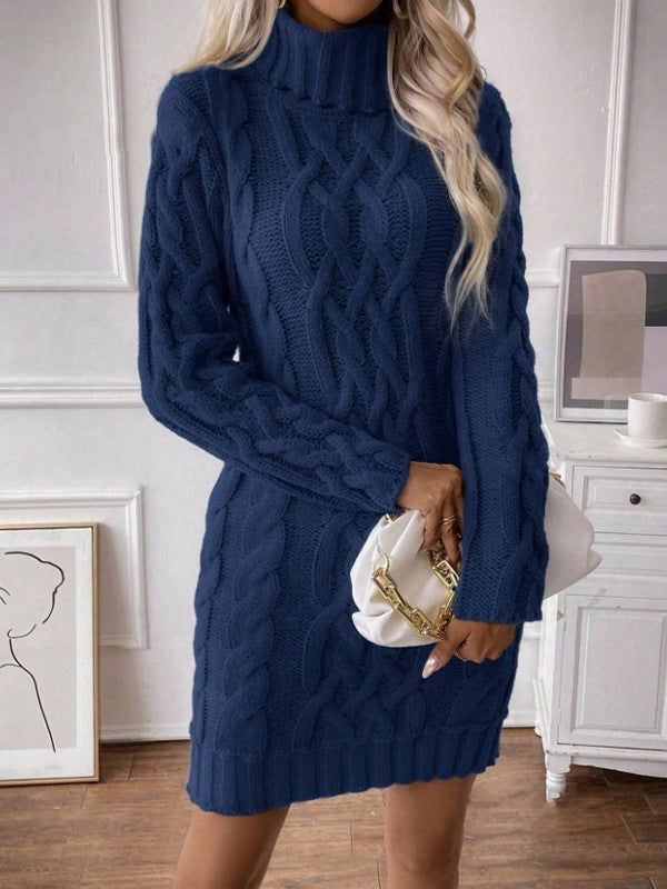 Women's Sweater Dress – Wool Blend – Slim Fit – Cable Knit – Turtleneck – Mini Length