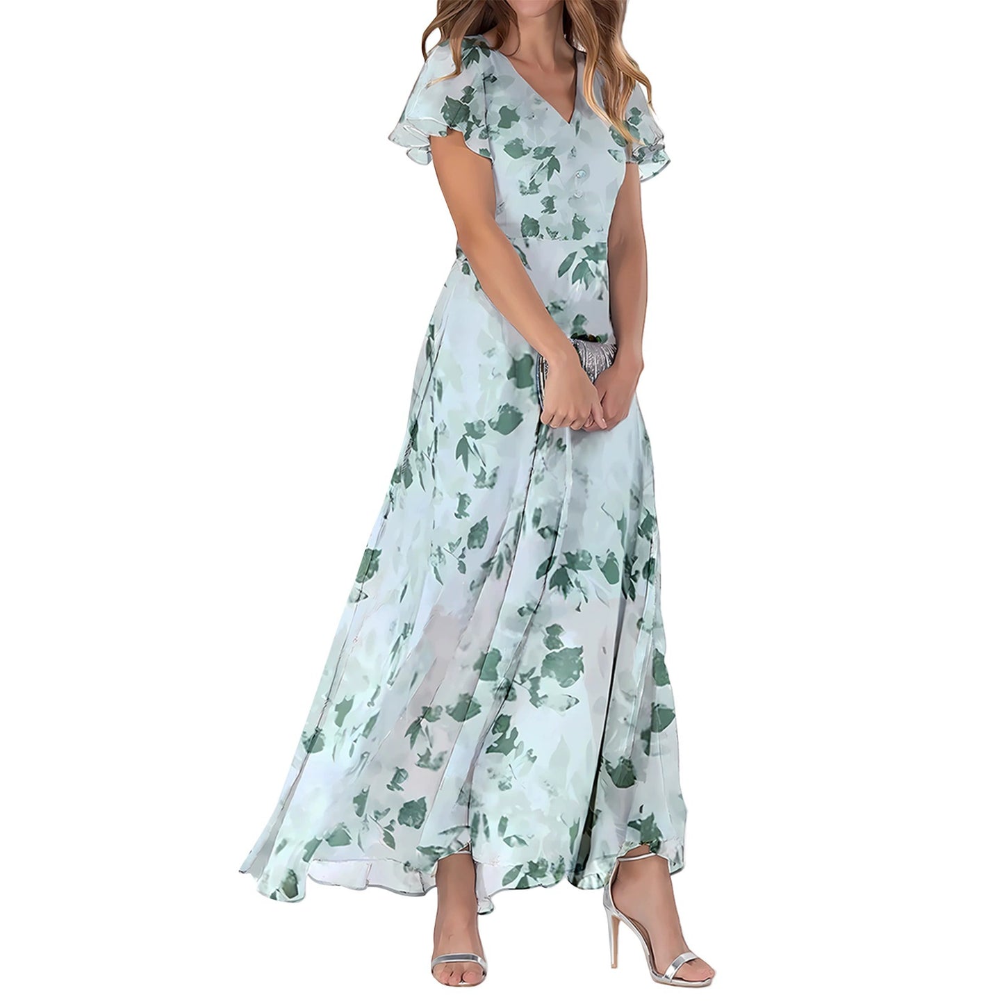 Women's Maxi Dress – A-line Fit – V-neck – Short Sleeves – Light and Elegant