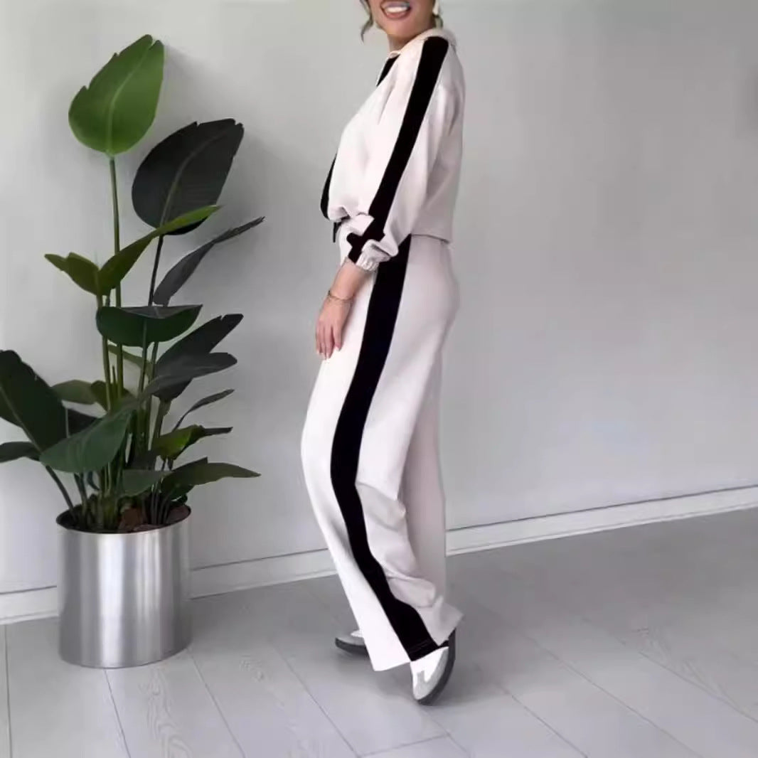 Women's Two-piece Set – Casual Fit Zip Collar Top & Wide Pants – Breathable Design