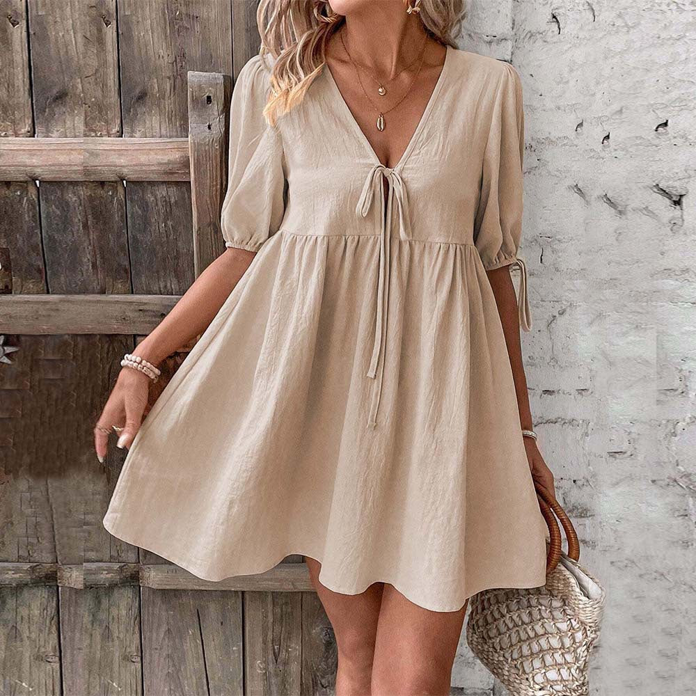 Dress for Women – A-line Fit – V-neck – Tie Belt – Breathable Fabric