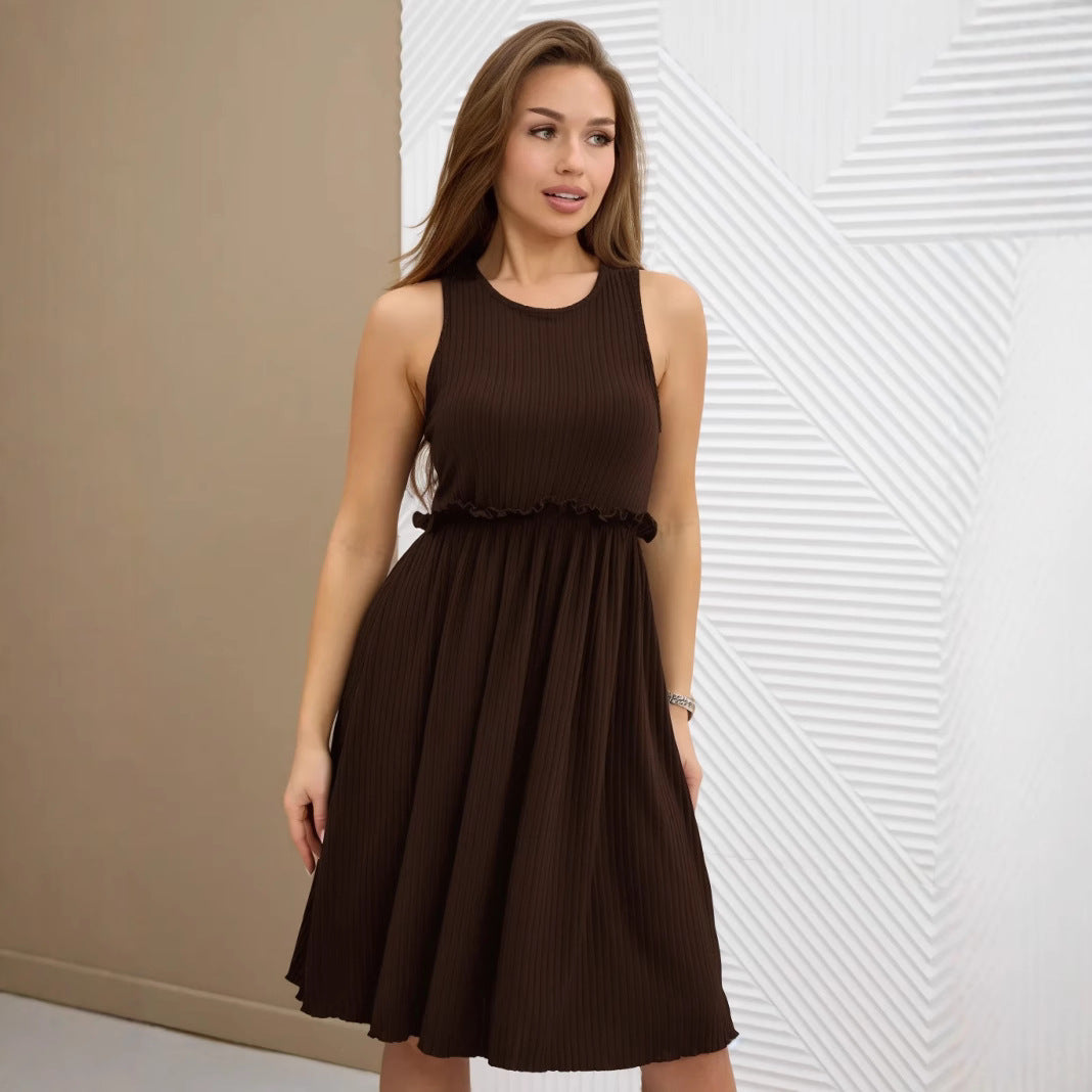 Women's Midi Dress – Sleeveless A-line Fit – V-neck – Button Closure – Waistband