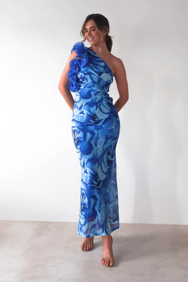 Women's Midi Dress – Slim Fit – One-Shoulder – 3D Flower Detail – Satin Look