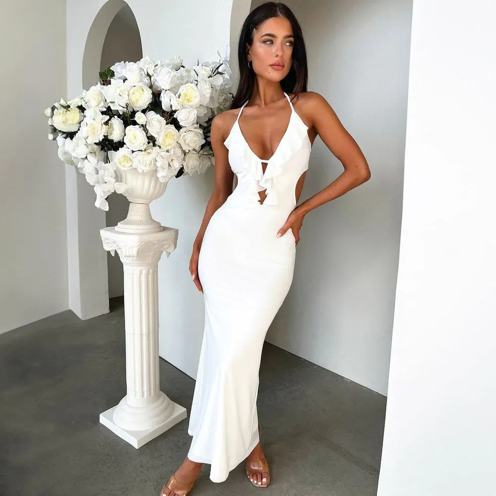 Women's Maxi Dress – Slim Fit – Ruffle Collar – Front Cutout – Adjustable Straps