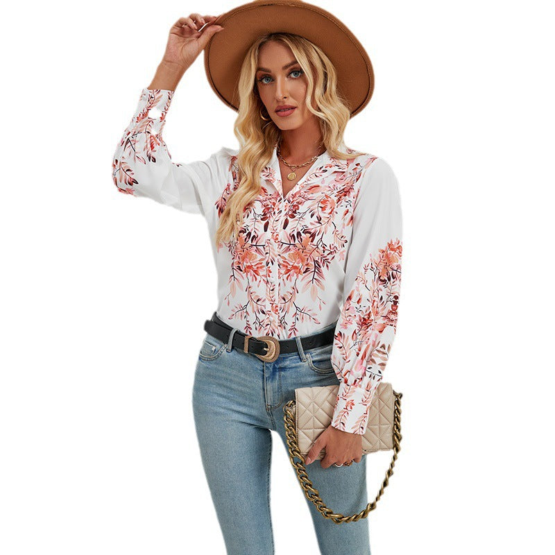 Women's Blouse – Relaxed Fit – Button Closure – Stand Collar – Floral Pattern – Long Sleeves