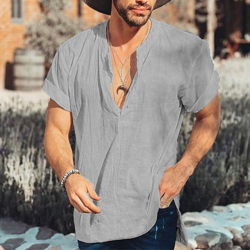 Men's Shirt – Relaxed Fit – Short Sleeve – V-Neck – Breathable Natural Material