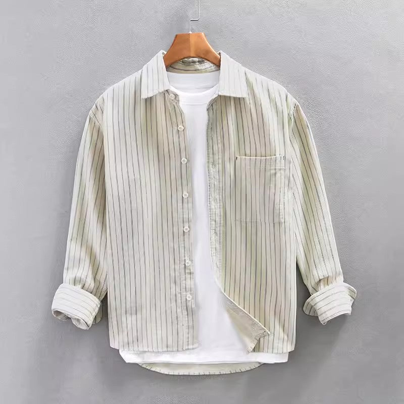 Men's Shirt with Long Sleeves – Relaxed Fit – Striped – Chest Pocket – Cotton
