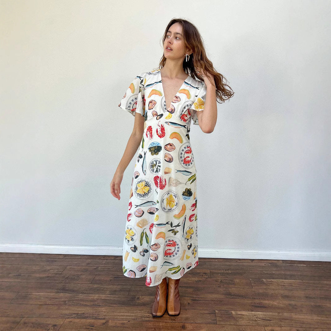 Women's Dress – Linen – Loose Fit – V-Neck – Short Sleeve – Midi – Artistic Print