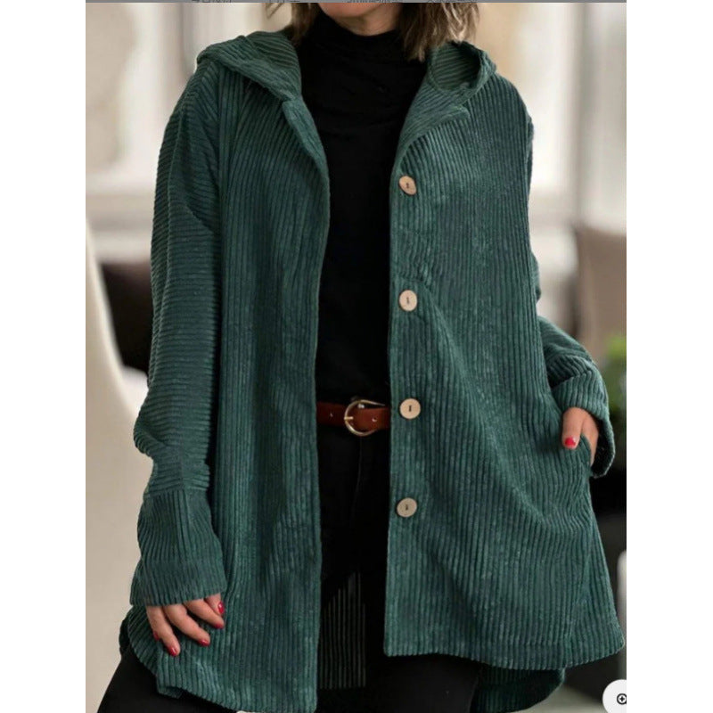 Women's Jacket with Hood – Corduroy – Relaxed Fit – Mid-Length – Button Details