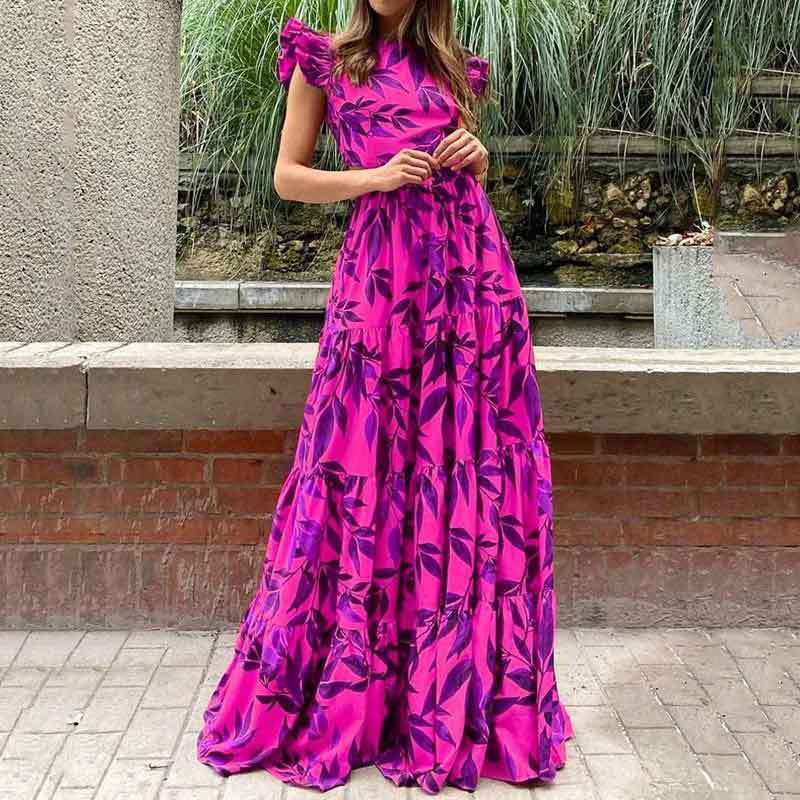 Women's Maxi Dress – Lightweight Ruffle Skirt – Ruched Waist – Print – Elegant Fit