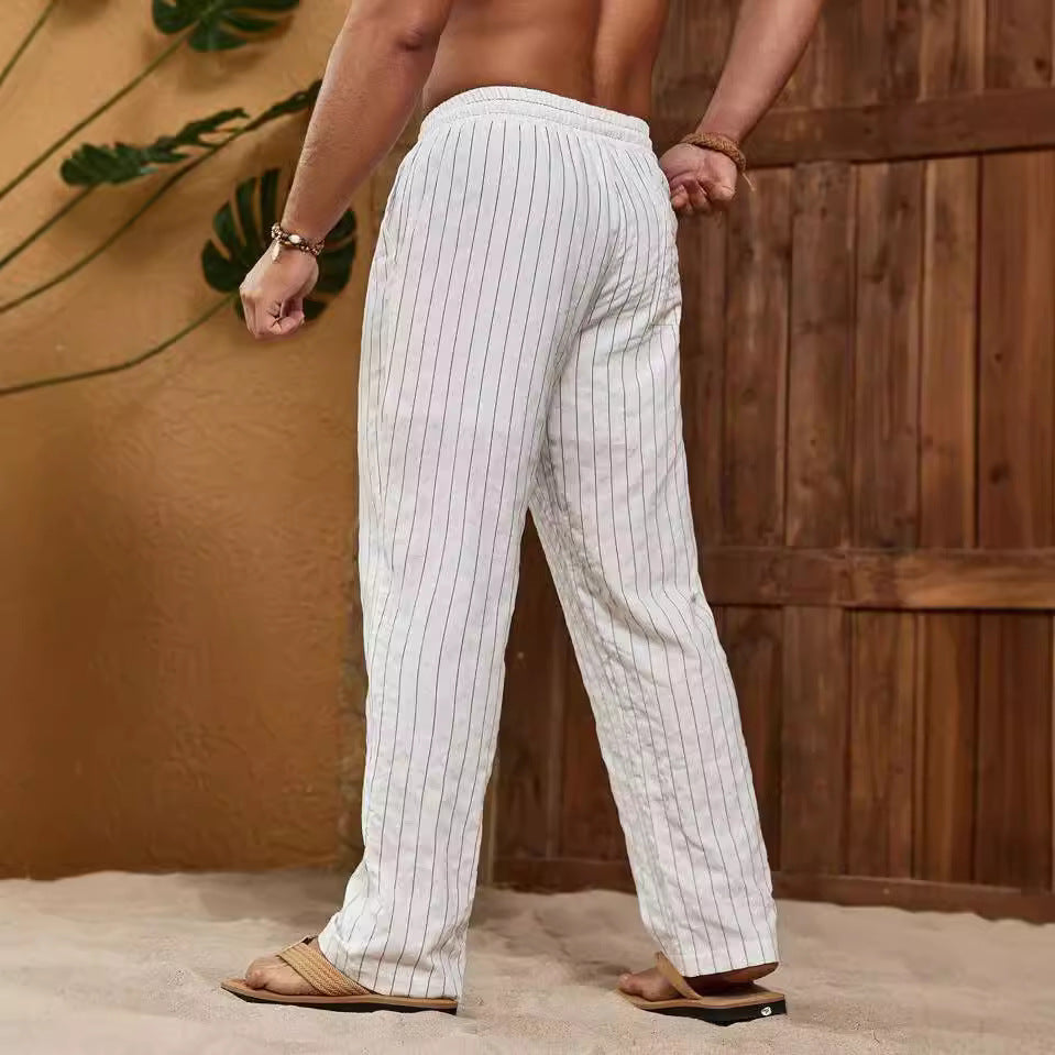 Men's Trousers – Relaxed Fit – Cotton Linen Blend – Striped – Drawstring Closure