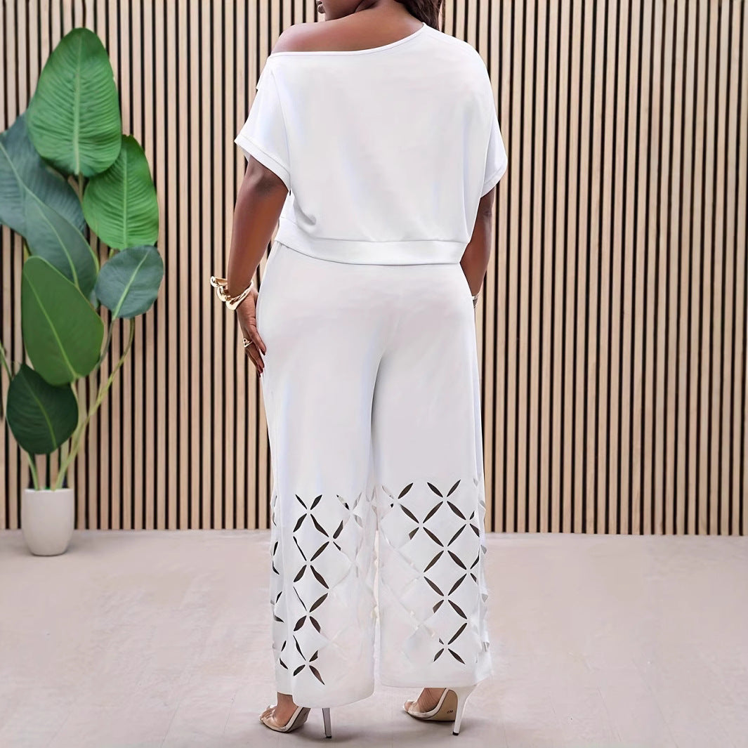 Women’s 2-Piece Set - Asymmetrical Shoulder Top - Wide Leg Pants - Hollow Out Design